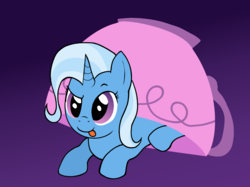 Size: 1087x815 | Tagged: safe, artist:zharkaer, trixie, pony, unicorn, all bottled up, g4, cup, cute, diatrixes, female, gradient background, prone, raised eyebrow, silly, silly pony, solo, teacup, tongue out
