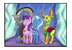 Size: 5016x3541 | Tagged: safe, artist:dinodraketakethecake, discord, starlight glimmer, thorax, trixie, changedling, changeling, draconequus, pony, unicorn, celestial advice, g4, absurd resolution, equestrian pink heart of courage, eyes closed, king thorax, reformed four, scene interpretation, smiling