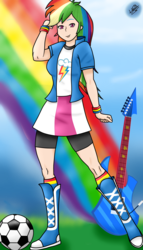 Size: 1000x1747 | Tagged: safe, artist:liniitadash23, rainbow dash, human, equestria girls, g4, boots, bracelet, clothes, electric guitar, female, football, guitar, human coloration, jewelry, looking at you, multicolored hair, musical instrument, rainbow, smiling, socks, solo, standing, wristband