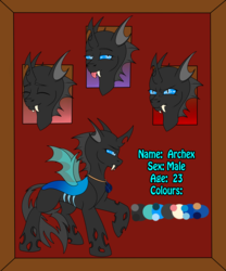 Size: 3333x4000 | Tagged: safe, artist:fkk, oc, oc only, oc:archex, changeling, blue changeling, changeling oc, emotions, male, raised hoof, reference sheet, solo, stallion, ych result