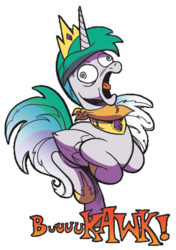 Size: 389x553 | Tagged: safe, artist:andypriceart, edit, idw, princess celestia, chicken, pony, g4, spoiler:comic, spoiler:comicff38, behaving like a chicken, chickenlestia, hypnosis, hypnotized, majestic as fuck, sillestia, silly, silly pony