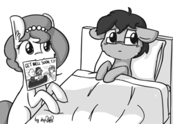 Size: 1600x1148 | Tagged: safe, artist:dsp2003, oc, oc only, oc:brownie bun, oc:richard, oc:tjpones, earth pony, human, pony, horse wife, bed, blushing, female, get well card, get well soon, glasses, hospital bed, i can't believe it's not tjpones, male, monochrome, mouth hold, open mouth, scared, sleigh, style emulation