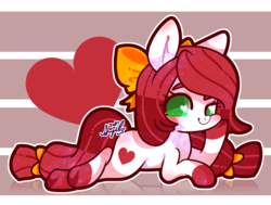 Size: 800x606 | Tagged: safe, artist:snow angel, oc, oc only, oc:heart, earth pony, pony, bow, colored pupils, female, hair bow, heart eyes, mare, prone, solo, wingding eyes
