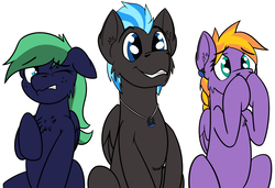 Size: 3281x2238 | Tagged: safe, artist:wcnimbus, oc, oc only, oc:evening, oc:middy, oc:nimbus, pegasus, pony, chest fluff, ear piercing, earring, female, flat colors, floppy ears, high res, jewelry, male, mare, necklace, piercing, reaction, sitting, stallion, trio, varying degrees of want