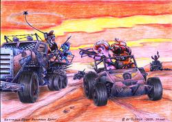 Size: 3921x2780 | Tagged: safe, artist:olgfox, oc, oc only, buggy, car chase, crossbow, dune buggy, high res, mad max, post-apocalyptic, signature, spear, traditional art, truck, weapon