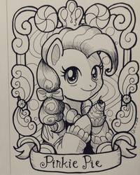 Size: 848x1060 | Tagged: safe, artist:gensokishidan, pinkie pie, earth pony, pony, g4, clothes, cupcake, female, food, ink drawing, monochrome, solo, traditional art