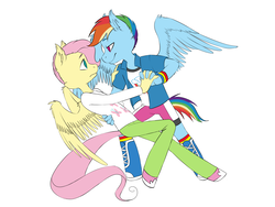 Size: 3000x2250 | Tagged: safe, artist:dingorainbow, fluttershy, rainbow dash, pegasus, anthro, unguligrade anthro, g4, butterscotch, clothes, dancing, equestria girls outfit, gay, high res, male, rainbow blitz, rule 63, ship:butterblitz, ship:flutterdash, shipping, simple background, stallion, white background