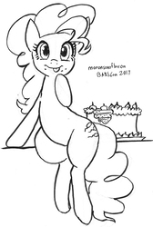 Size: 606x900 | Tagged: safe, artist:moronsonofboron, pinkie pie, earth pony, pony, g4, cake, female, food, looking at you, monochrome, sketch, solo, tongue out
