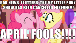 Size: 610x343 | Tagged: safe, edit, edited screencap, screencap, fluttershy, pinkie pie, g4, the last roundup, april fools, april fools joke, excessive exclamation marks, image macro, late, meme, op is a slowpoke