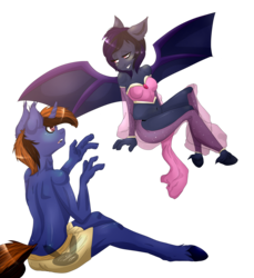 Size: 3137x3428 | Tagged: safe, artist:siena1923, oc, oc only, oc:bluesliver, oc:moonshine, bat pony, unicorn, anthro, belly dancer, clothes, corset, costume, female, high res, male, mare, partial nudity, simple background, stallion, topless, transparent background