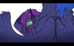Size: 1350x832 | Tagged: safe, artist:yuyusunshine, princess luna, oc, oc:selenia nyx, pony, g4, crying, fluffy, looking at you, mother and daughter, offspring, parent:king sombra, parent:princess luna, parents:lumbra