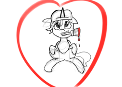 Size: 2100x1500 | Tagged: safe, anonymous artist, fresh coat, pony, unicorn, g4, 4chan, backwards ballcap, baseball cap, cap, cute, drawthread, female, floppy ears, grayscale, hat, heart, mare, monochrome, mouth hold, paintbrush, partial color, simple background, sitting, solo, white background
