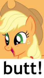 Size: 729x1275 | Tagged: safe, editor:potato22, applejack, g4, butts, face, female, happy, meme, smiling, solo, text