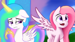Size: 1920x1080 | Tagged: safe, artist:anonymous, princess celestia, oc, oc:sunny skies, alicorn, pegasus, pony, fanfic:sunny skies all day long, g4, 4chan, crown, disguise, drawthread, floppy ears, jewelry, lidded eyes, magic, open mouth, regalia, sad, smiling, spread wings, telekinesis, wings