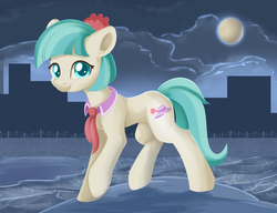 Size: 1435x1101 | Tagged: safe, artist:dusthiel, coco pommel, earth pony, pony, g4, city, colored pupils, female, fence, ice, moon, night, solo, walking