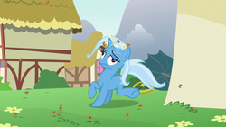 Size: 1280x720 | Tagged: safe, screencap, trixie, pony, all bottled up, g4, cinnamon nuts, circling stars, derp, dizzy, female, food, mare, nuts, raised hoof, solo