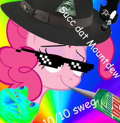 Size: 870x893 | Tagged: safe, editor:potato22, pinkie pie, frog, g4, blingee, blunt, colorful, drugs, exploitable meme, fedora, hat, illuminati, marijuana, meme, mlg, montage parody, mountain dew, old meme, rainbow background, rainbow frog, snoop dogg, sunglasses, swag