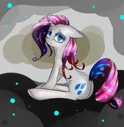 Size: 881x907 | Tagged: safe, artist:posionjoke, rarity, pony, unicorn, g4, abstract background, depressed, female, looking at you, mare, sad, sitting, solo