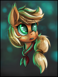 Size: 1097x1440 | Tagged: safe, artist:theomegaridley, applejack, earth pony, pony, g4, abstract background, bandana, bust, cute, female, freckles, green eyes, solo