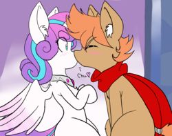 Size: 3381x2660 | Tagged: safe, artist:steelsoul, princess flurry heart, oc, oc:himmel, alicorn, earth pony, pony, g4, canon x oc, childish kiss, clothes, colt, dialogue, digital art, eyes closed, female, filly, heart, high res, jewelry, kiss on the lips, kissing, male, regalia, scarf, shipping