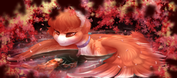 Size: 1024x451 | Tagged: safe, artist:peachmayflower, oc, oc only, fish, pegasus, pony, female, flower petals, koi fish, looking at each other, mare, petals, smiling, spread wings, wings