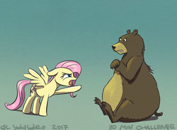 Size: 788x579 | Tagged: safe, artist:el-yeguero, fluttershy, harry, bear, g4, 30 minute art challenge, angry, gradient background, open mouth, pointing