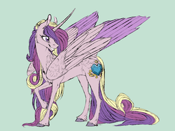 Size: 800x600 | Tagged: safe, artist:dementra369, princess cadance, alicorn, pony, g4, chest fluff, colored wings, concave belly, curved horn, female, hooves, horn, large wings, long horn, long mane, long tail, looking back, mare, partially open wings, raised hoof, simple background, slender, smiling, solo, tail, thin, two toned wings, unshorn fetlocks, wings