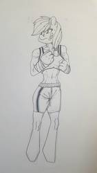 Size: 747x1328 | Tagged: safe, artist:passigcamel, applejack, earth pony, anthro, unguligrade anthro, g4, abs, bandage, clothes, female, mare, monochrome, simple background, sketch, solo, sports bra, sports shorts, tank top, traditional art