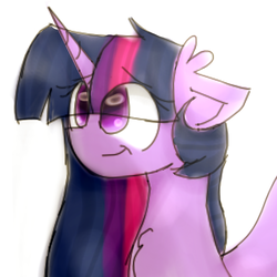 Size: 1024x1024 | Tagged: safe, artist:tizhonolulu, twilight sparkle, alicorn, pony, g4, alternate hairstyle, bust, colored sketch, female, floppy ears, fluffy, horn, purple eyes, simple background, sketch, smiling, solo, twilight sparkle (alicorn)