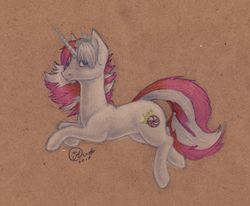 Size: 2471x2039 | Tagged: safe, artist:kimsteinandother, oc, oc only, oc:peppermint crush, pony, unicorn, female, high res, mare, prone, solo, traditional art