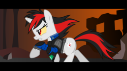 Size: 1279x718 | Tagged: safe, artist:littlestarwanderer, oc, oc only, oc:blackjack, pony, unicorn, fallout equestria, fallout equestria: project horizons, clothes, colored sclera, fallout, female, jumpsuit, mare, running, solo, vault suit, yellow sclera