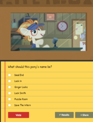 Size: 646x850 | Tagged: safe, screencap, dave the intern, ginger locks, pony, all bottled up, g4, meta, poll