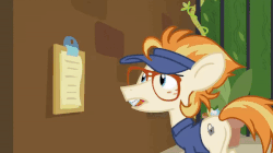 Size: 600x337 | Tagged: safe, screencap, dave the intern, ginger locks, pony, all bottled up, g4, animated, clipboard, escape room, gif, male, manehattan escapes, solo