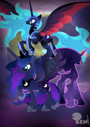 Size: 1024x1448 | Tagged: safe, artist:edonovaillustrator, nightmare moon, princess luna, tantabus, alicorn, pony, g4, duality, female, flying, horn, lineless, mare, raised hoof, wings