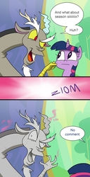 Size: 2481x4835 | Tagged: safe, artist:doublewbrothers, edit, discord, twilight sparkle, alicorn, pony, celestial advice, g4, anger magic, annoyed, comic, dialogue, female, high res, looking at you, magic, male, mare, petrification, smiling, speech bubble, stallion, statue, twilight sparkle (alicorn)