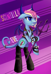Size: 1017x1468 | Tagged: safe, artist:evescintilla, oc, oc only, oc:eve scintilla, demon, devil, imp, pony, semi-anthro, abstract background, bat wings, bipedal, clothes, devil horns, devil tail, eyeshadow, fingerless gloves, gloves, horns, jacket, latex, latex boots, leather jacket, makeup, piercing, pitchfork, punk, smiling, smirk, solo, spiked wristband, tattoo, text, wristband
