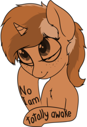 Size: 1485x2160 | Tagged: safe, artist:zippysqrl, oc, oc only, oc:sign, pony, unicorn, ask sign, ask, blatant lies, body writing, bust, chest fluff, eyes closed, female, freckles, hoof on cheek, mute, seems legit, simple background, solo, transparent background