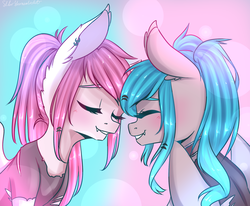 Size: 1700x1400 | Tagged: safe, artist:silbersternenlicht, oc, oc only, oc:cake pop, oc:soda pop, bat pony, pony, blushing, commission, cute, duo, eyes closed, fangs, smiling