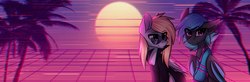 Size: 1840x600 | Tagged: safe, artist:norra, derpy hooves, oc, oc:moondrive, bat pony, pegasus, pony, 80s, clothes, color porn, derpfest, glasses, grid, jacket, looking at you, mascot, neon, outrun, palm tree, retro, retrowave, sun, tree