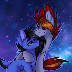 Size: 2000x2000 | Tagged: safe, artist:norra, oc, oc only, earth pony, pony, female, high res, hug, male, mare, shipping, space, stallion, stars