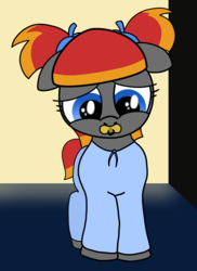 Size: 3000x4127 | Tagged: safe, artist:an-tonio, artist:vitalspark, edit, oc, oc only, oc:arian blaze, pegasus, pony, clothes, female, filly, floppy ears, high res, pacifier, pajamas, pigtails, sad, solo