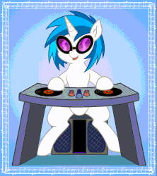 Size: 1000x1128 | Tagged: safe, alternate version, artist:vavacung, dj pon-3, vinyl scratch, pony, unicorn, g4, animated, dj table, female, gif, misleading thumbnail, mixing console, music notes, sfw edit, solo, speaker