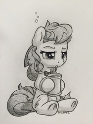 Size: 960x1280 | Tagged: safe, artist:bobdude0, octavia melody, earth pony, pony, g4, bowtie, coffee, commission, cute, female, grumpy, hnnng, mare, monochrome, simple background, sitting, sketch, sleepy, solo, tired, traditional art