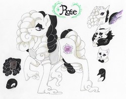 Size: 761x601 | Tagged: safe, artist:frozensoulpony, oc, oc only, oc:rose, bird, cat, changeling, earth pony, human, orca, penguin, pony, wolf, clothes, female, mare, reference sheet, shirt, solo, traditional art, unshorn fetlocks