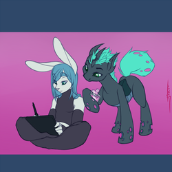 Size: 1000x1000 | Tagged: safe, artist:jarwis, part of a set, oc, oc only, oc:verse, changeling, rabbit, anthro, plantigrade anthro, bottle, changeling oc, clothes, drawing tablet, easter, evening gloves, explicit source, fingerless elbow gloves, furry, gay, gloves, lidded eyes, long gloves, male, non-mlp oc, sitting, socks, stallion, tablet, thigh highs