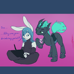 Size: 1000x1000 | Tagged: safe, artist:jarwis, part of a set, oc, oc only, oc:verse, changeling, rabbit, anthro, plantigrade anthro, bottle, changeling oc, clothes, dialogue, drawing tablet, easter, evening gloves, explicit source, eye contact, fingerless elbow gloves, furry, gay, gloves, lidded eyes, long gloves, looking at each other, male, non-mlp oc, sitting, socks, speech bubble, stallion, tablet, thigh highs