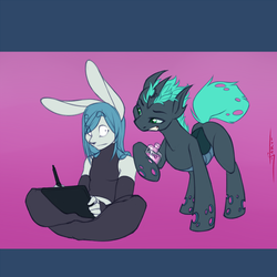Size: 1000x1000 | Tagged: safe, artist:jarwis, part of a set, oc, oc only, oc:verse, changeling, rabbit, anthro, plantigrade anthro, bottle, changeling oc, clothes, drawing tablet, easter, evening gloves, explicit source, eye contact, fingerless elbow gloves, furry, gay, gloves, grin, lidded eyes, long gloves, looking at each other, male, non-mlp oc, sitting, smiling, socks, stallion, tablet, thigh highs