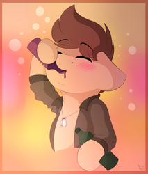 Size: 1700x2000 | Tagged: safe, artist:spirit-dude, oc, oc only, earth pony, pony, abstract background, alcohol, beer, beer bottle, blushing, bottle, clothes, drinking, drunk, eyes closed, floppy ears, male, shirt, solo, stallion