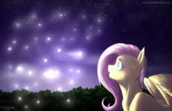 Size: 3848x2500 | Tagged: safe, artist:lrusu, fluttershy, firefly (insect), pegasus, pony, g4, amazed, bust, female, high res, looking at something, mare, night, open mouth, outdoors, partially open wings, profile, solo, wide eyes, wings