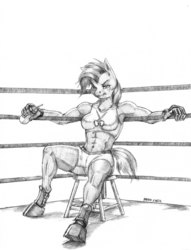 Size: 1100x1441 | Tagged: safe, artist:baron engel, babs seed, earth pony, anthro, unguligrade anthro, g4, abs, abs seed, armpits, belly button, boxing gloves, boxing ring, boxing shoes, boxing shorts, breasts, clothes, female, freckles, grayscale, mare, midriff, mma gloves, monochrome, muscles, muscular female, older, pencil drawing, shoes, shorts, simple background, sketch, solo, sparring, sports bra, sports shoes, sports shorts, traditional art, training, water bottle, white background